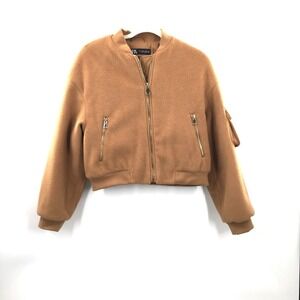 Zara camel Brown Fuzzy Bomber cargo Jacket cropped neutral cool girl M
